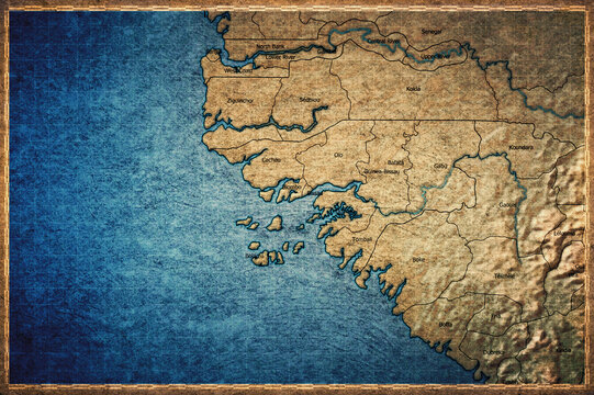 Vintage Map Of Guinea Bissau With Regional Boundaries On Retro Paper Background
