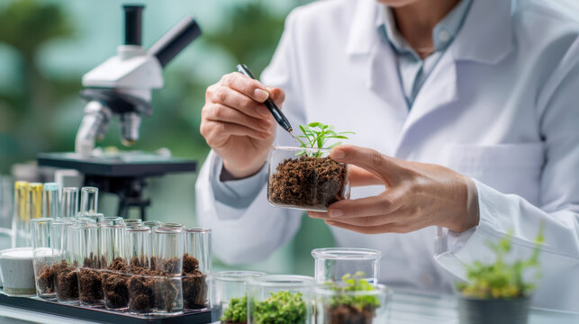 A scientist tests the growth of young plants in a laboratory setting, research in agricultural biotechnology, soil analysis