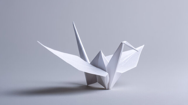 White origami crane against low light, a paper bird symbolizing peace, hope and Japanese art tradition