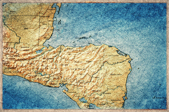 Vintage Map Of Honduras With Department Boundaries On Retro Paper Background