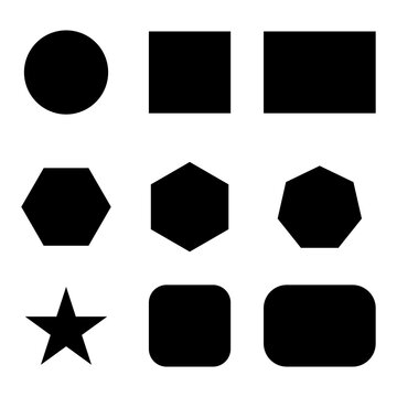 A collection of various basic geometric shapes arranged in a grid pattern with solid black color