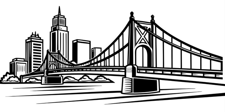 USA, US, U.S, United States - Minimal Pittsburgh Pennsylvania Skyline with Bridges &ndash; Black and White Simple Line Art SVG Vector Design | USA US U.S United States City Outline Illustration