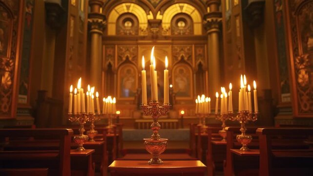Orthodox church golden iconostasis candles flickering, Byzantine religious art, spiritual atmosphere interior, warm amber lighting, sacred tradition