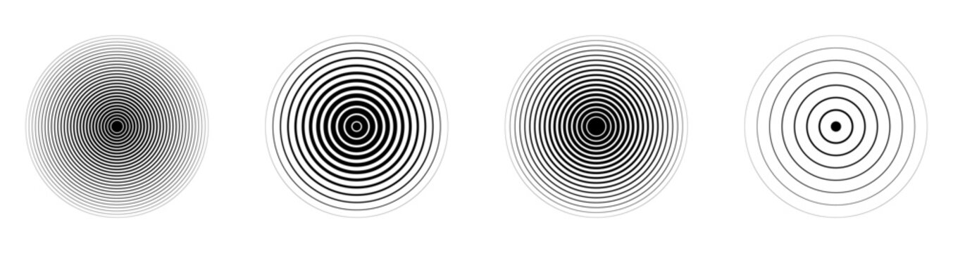 Black concentric circle set. Sonar or sound wave ring halftone collection. Ripple radial signal or vibration elements.