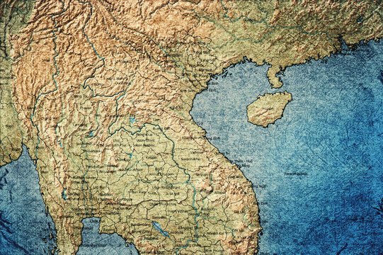 Vintage Map Of Laos With Provinces On Retro Paper Background