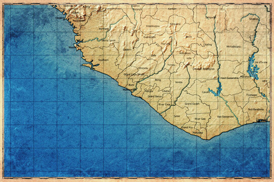 Vintage Map Of Liberia With Counties On Retro Paper Background