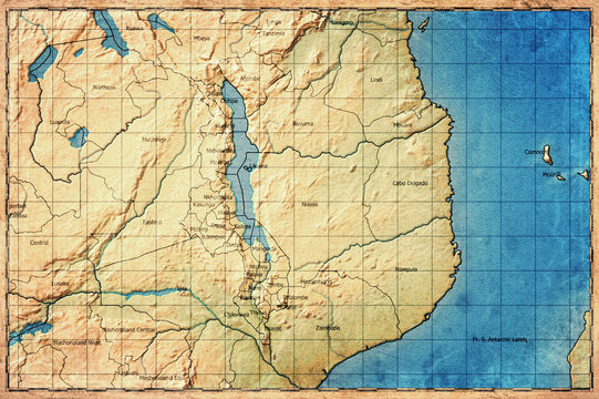 Vintage Map Of Malawi With Regions On Retro Paper Background