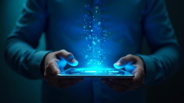 Male hands holding futuristic holographic tablet, glowing blue interface floating, dark studio bokeh background, sharp hands and screen