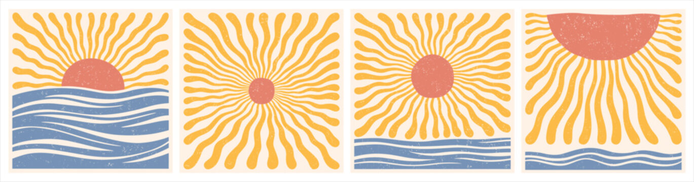 Sun shapes sunset sunrise, sea ocean waves illustrations. Retro groovy uneven wavy rays sunburst. Summer vacation, travel backgrounds. Water and sun silhouettes, square shapes, border templates set
