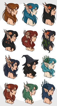 Cartoon female characters with fantasy hairstyles.