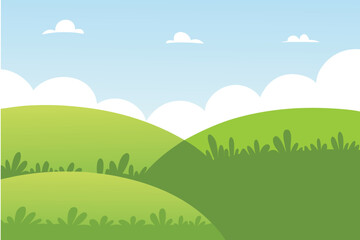 Fototapeta premium Simple cartoon landscape with rolling green hills and blue skies