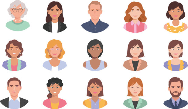 Large collection of diverse avatar headshots featuring men and women of different ages and ethnicities in flat vector style