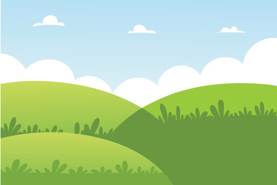 Simple cartoon landscape with rolling green hills and blue skies