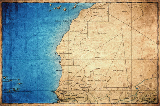 Vintage Map Of Mauritania With Regions On Retro Paper Background