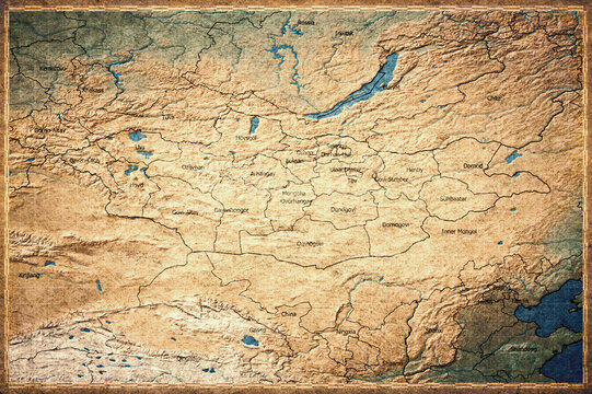 Vintage Map Of Mongolia With Provinces On Retro Paper Background