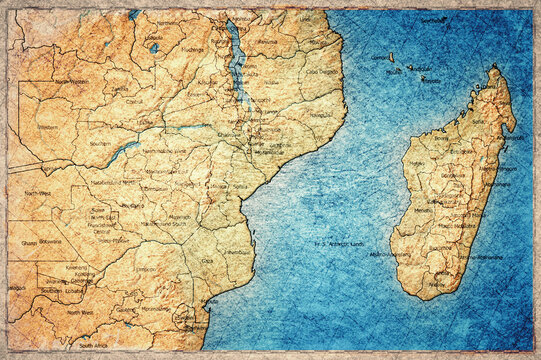 Vintage Map Of Mozambique With Provinces On Retro Paper Background