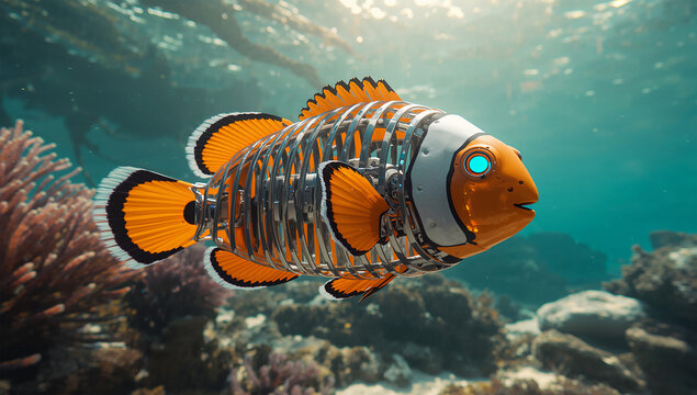 サンゴ礁の海中を泳ぐクマノミ型スケルトンロボット魚の3DCG