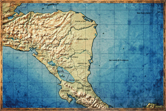 Vintage Map Of Nicaragua With Departments On Retro Paper Background