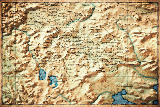 Vintage Map Of North Macedonia With Municipalities On Retro Paper Background