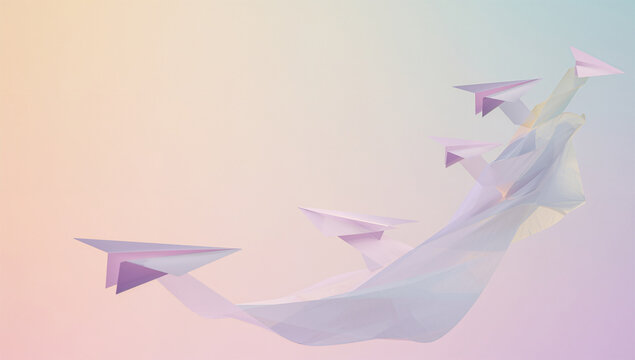 淡いグラデ背景に紙飛行機が浮かぶ発想の軌跡コンセプト