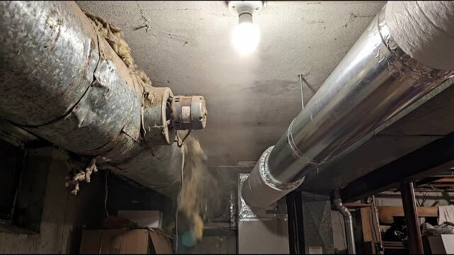 Ceiling cassette air conditioning with ventilation parts concept. Old and new ventilation ducts in a dimly lit basement with exposed pipes and insulation
