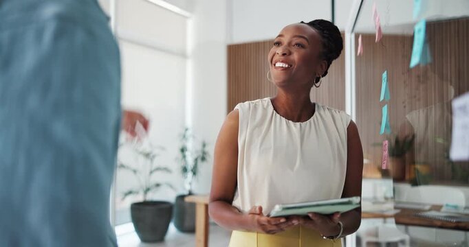 Creative agency, high five and people in office, tablet and glass wall for news report publication. Gesture, woman and journalist in meeting, tech and celebration for subscription growth and success