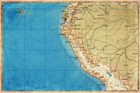 Vintage Map Of Peru With Regions On Retro Paper Background
