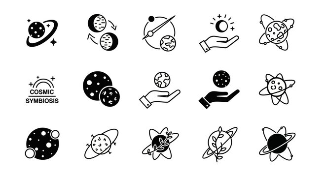 Black and white cosmic symbols icons.