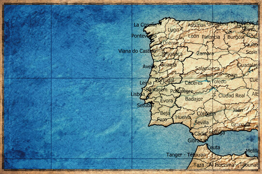 Vintage Map Of Portugal With Districts On Retro Paper Background