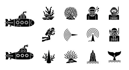 Black icons of sea creatures and submarines. © AHMAD