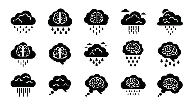 Brain rain storm thoughts icons set.