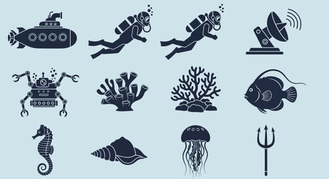 Collection of ocean creatures and objects.