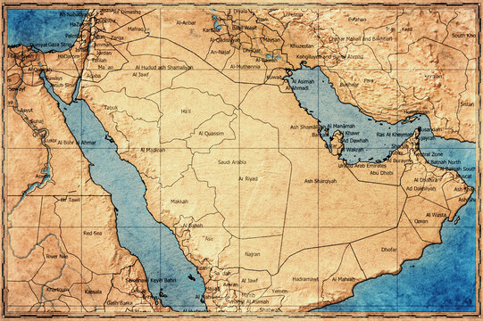 Vintage Map Of Saudi Arabia With Regions On Retro Paper Background