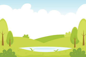 Fototapeta premium Serene landscape with green hills a small pond and trees