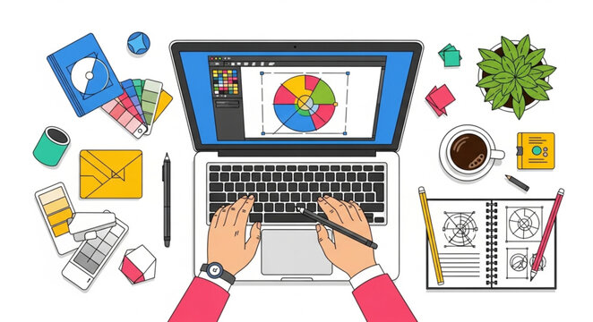 Person working on laptop with pie chart, surrounded by office supplies.