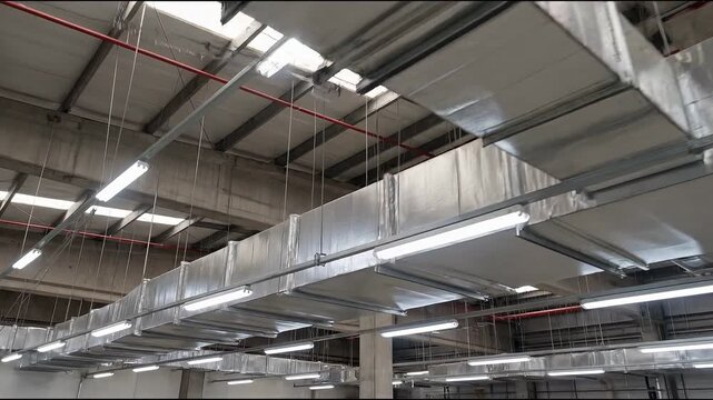 Ceiling cassette air conditioning with ventilation parts concept. Industrial ceiling with large metal air ducts and fluorescent lighting in a spacious warehouse or factory