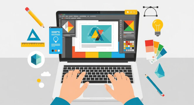 Graphic Designer at Work - Hands on Laptop with Design Software.