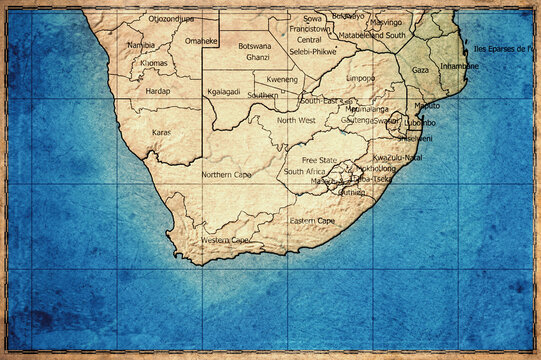 Vintage Map Of South Africa With Provinces On Retro Paper Background