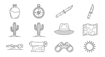 Fototapeta premium Desert Exploration Vintage Line Icons.