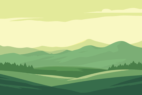 Serene landscape illustration featuring rolling hills and a soft sky