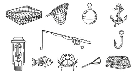Fishing gear and sea creatures icons. © MUHRODIN