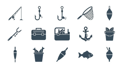 Fishing gear and tackle icons set. © MUHRODIN