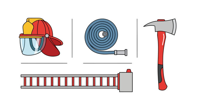 Firefighter equipment and tools collection.
