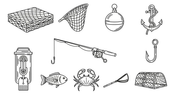 Fishing gear and sea creatures icons.