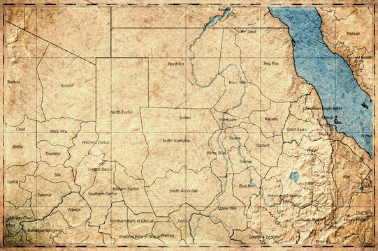 Vintage Map Of Sudan With States On Retro Paper Background