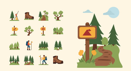 Hiking trail sign with pine trees. © MUHRODIN