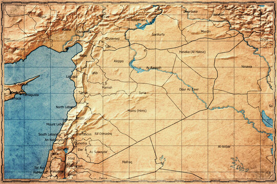 Vintage Map Of Syria With Governorates On Retro Paper Background