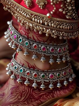 Indian Bridal Anklet Jewelry with Mehndi on Feet Traditional Ethnic Ornament Close Up