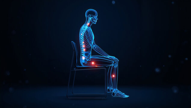 椅子に座った姿勢と骨格構造を示す人体解剖の医学イメージ