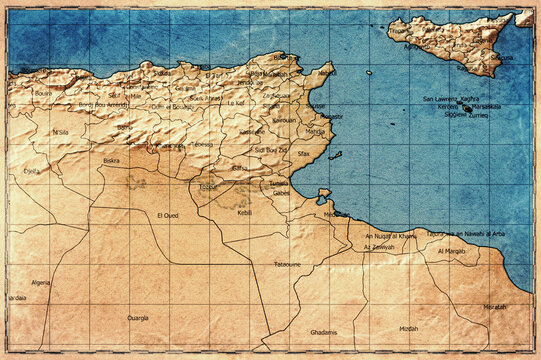 Vintage Map Of Tunisia With Governorates On Retro Paper Background